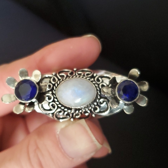 New Unique Rainbow Moonstone & London Blue Topaz 925 Silver Flowers Ring. - Picture 12 of 12